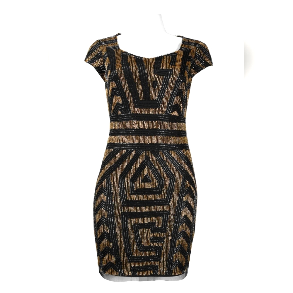 ADRIANNA PAPELL CAP SLEEVE ALL OVER BEAD TRIBAL PATTERN MESH SHEATH DRESS